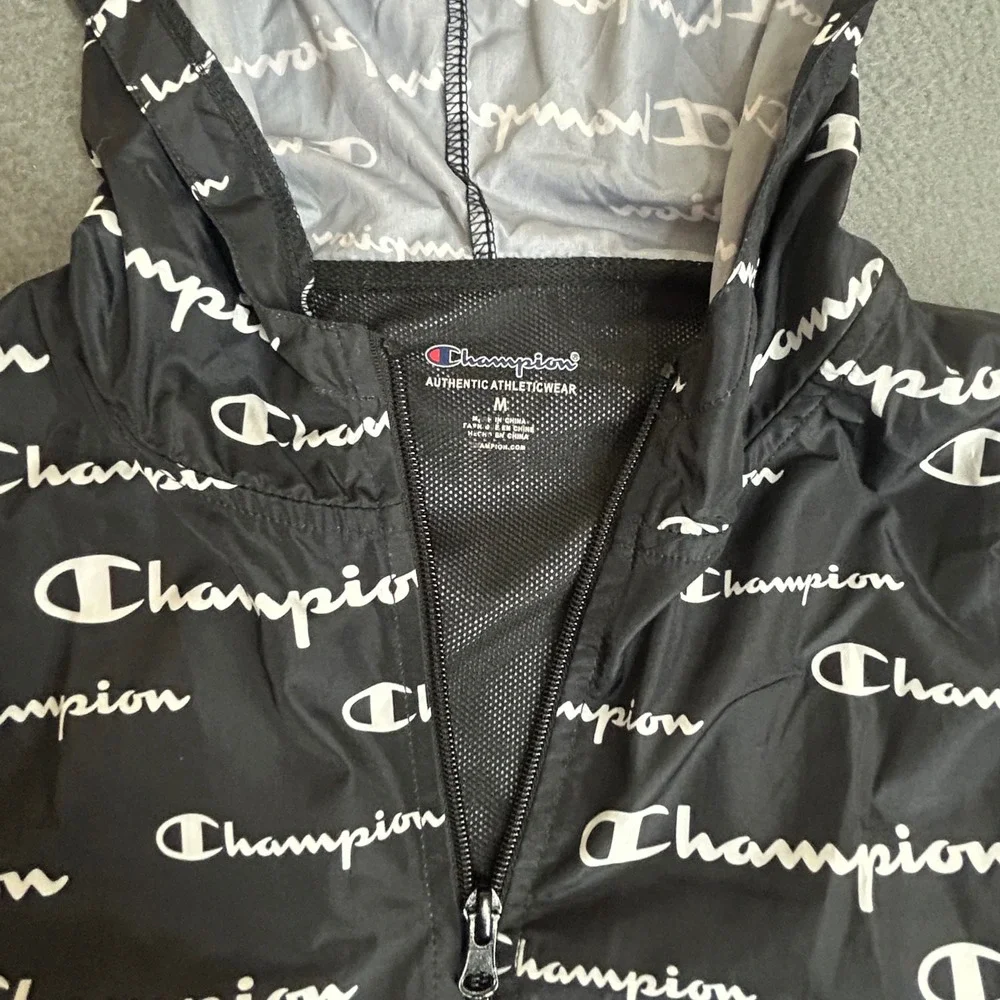Champion Windbreaker Kids M Logo Print Full Zip Hooded Jacket Sporty Lightweight